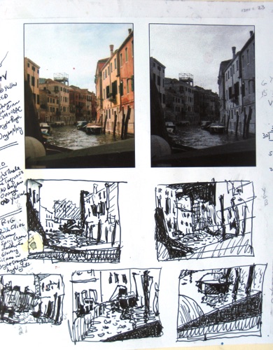 Venice Sketchbook Page; 
Photos, Ink Drawings, 2011; 
9 x 8 in.